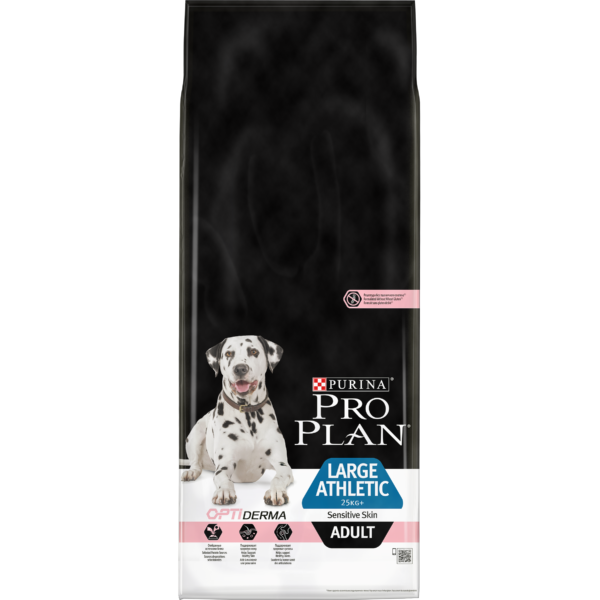 PURINA® PRO PLAN® Large Athletic с OPTIDERMA за кучета в зряла възраст от едри и атлетични породи с чувствителна кожа, суха храна, сьомга, 14kg